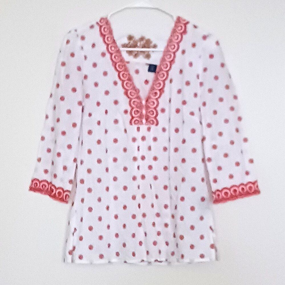 Robert Graham White Cotton Boho V Neck Tunic Top Coral Embroidery 3/4 Sleeve S/P